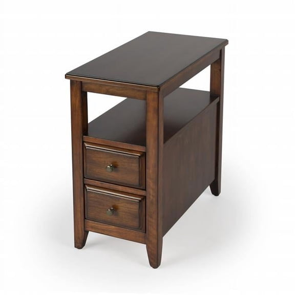HomeRoots 488985 24 in. Cherry Narrow End Table with Two Drawers & Shelf, Brown