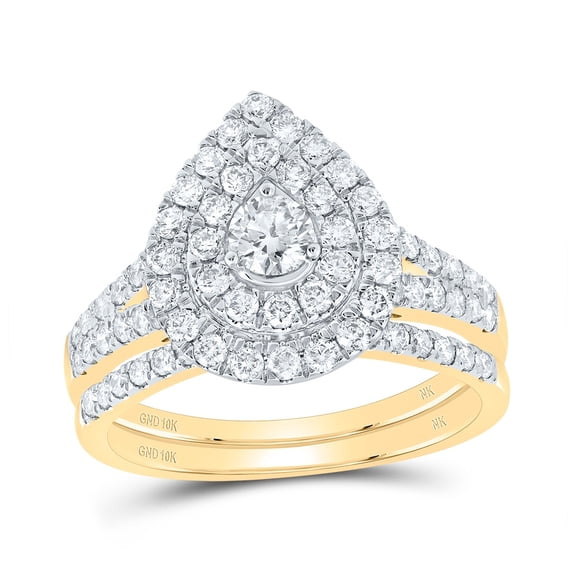 10kt Yellow Gold 1 Cttw Diamond and 1/5 Cttw Round Pear Double Halo Wedding Engagement Anniversary Bridal Set, Women Size: 5-9