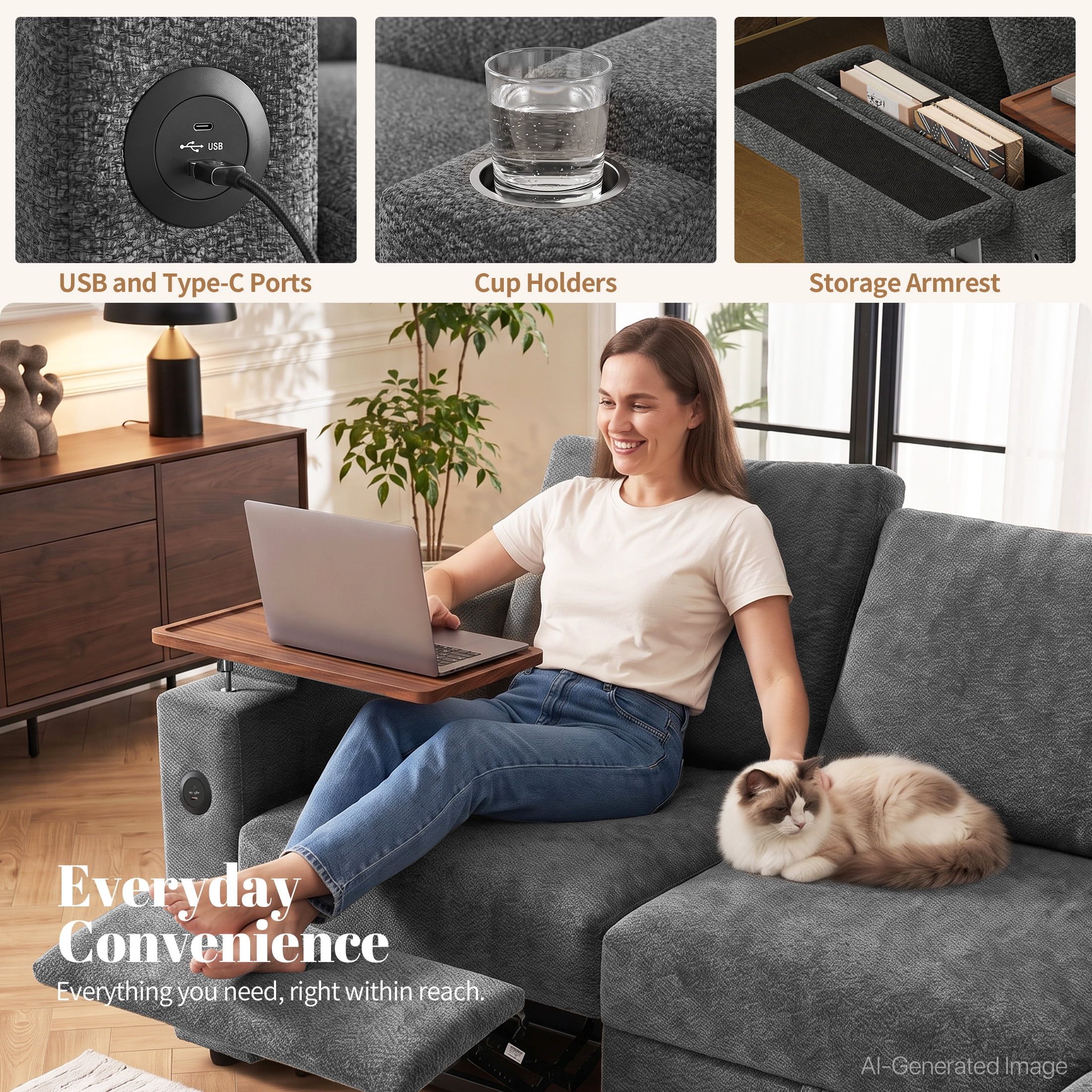Aenkyo 108" L-Shaped Sectional Sleeper Sofa with Pull Out Bed, Recliner and Storage Chaise, Gray