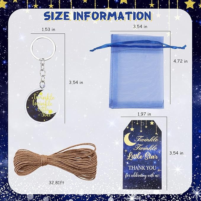 Serencatcher Twinkle Twinkle Little Star Party Favors, 72pcs Over The Moon Baby Shower Decorations Navy Blue Moon Star Keychains Thank You Tags Organza Bags for He or She Gender Reveal Party