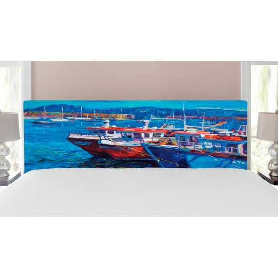 Country Headboard, Sail Boats Ships on the Shore Harbor by the Sea Small Rural Fishing Town Art, Upholstered Decorative Metal Bed Headboard with Memory Foam, King Size, Navy Red, by Ambesonne