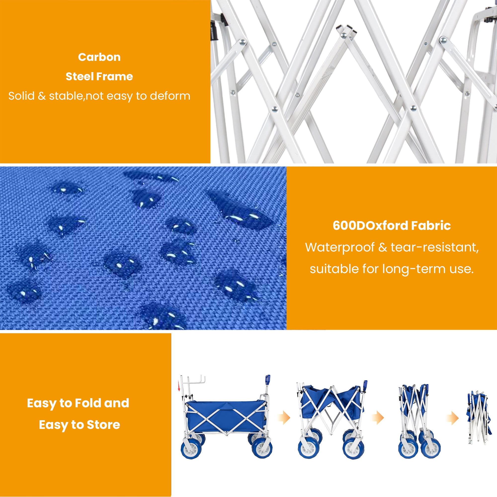 Beach Wagon Cart Chair Racks 9 Inch All-Terrain Wheels 500lbs Heavy Duty Collapsible Folding Wagon Adjustable Handle Cooler Storage Bags Beach Camping Garden Outdoor Sports Blue