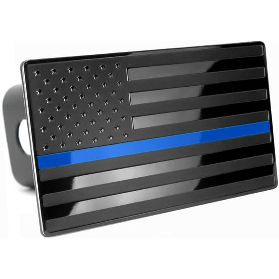 LFPartS USA Flag Emblem Metal Trailer Hitch Cover (Fits 2" Receivers, Black with Blue Line)
