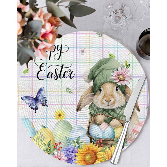 15 Inch Round Placemats Set of 6, Easter Non Slip Heat Insulation PP Table Mats, Cute Rabbits Eggs Floral Butterflies Colorful Plaid Washable Place Mats for Kitchen Dining Party Table Decor