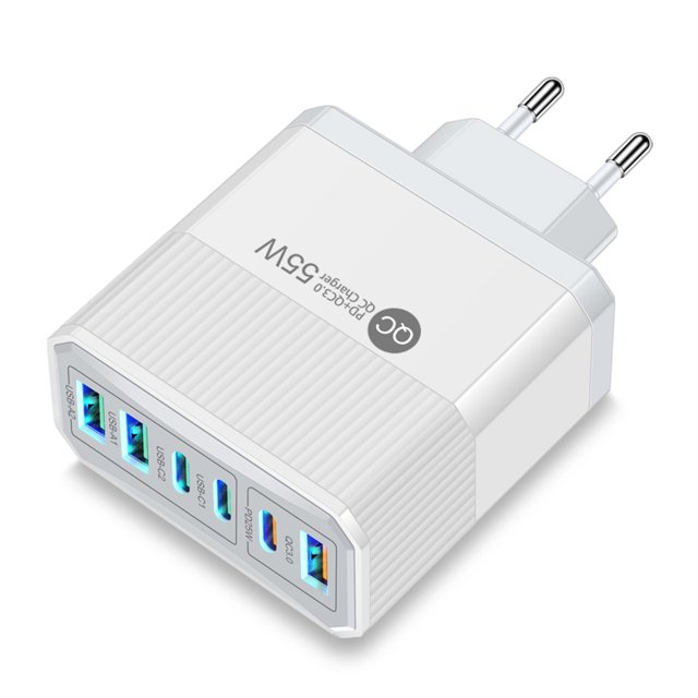 Cargador de teléfono móvil PD 55W QC3.0 + PD25W para iPhone Samsung (enchufe blanco de la UE)