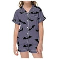 thumbnail image 3 of CAIVO Girls Halloween Star Bats Printed 2 Piece Pajama Sets Lapel Short Sleeve Button Down Shirt With Shorts Children Kids Homewear Loungewear, 3 of 5