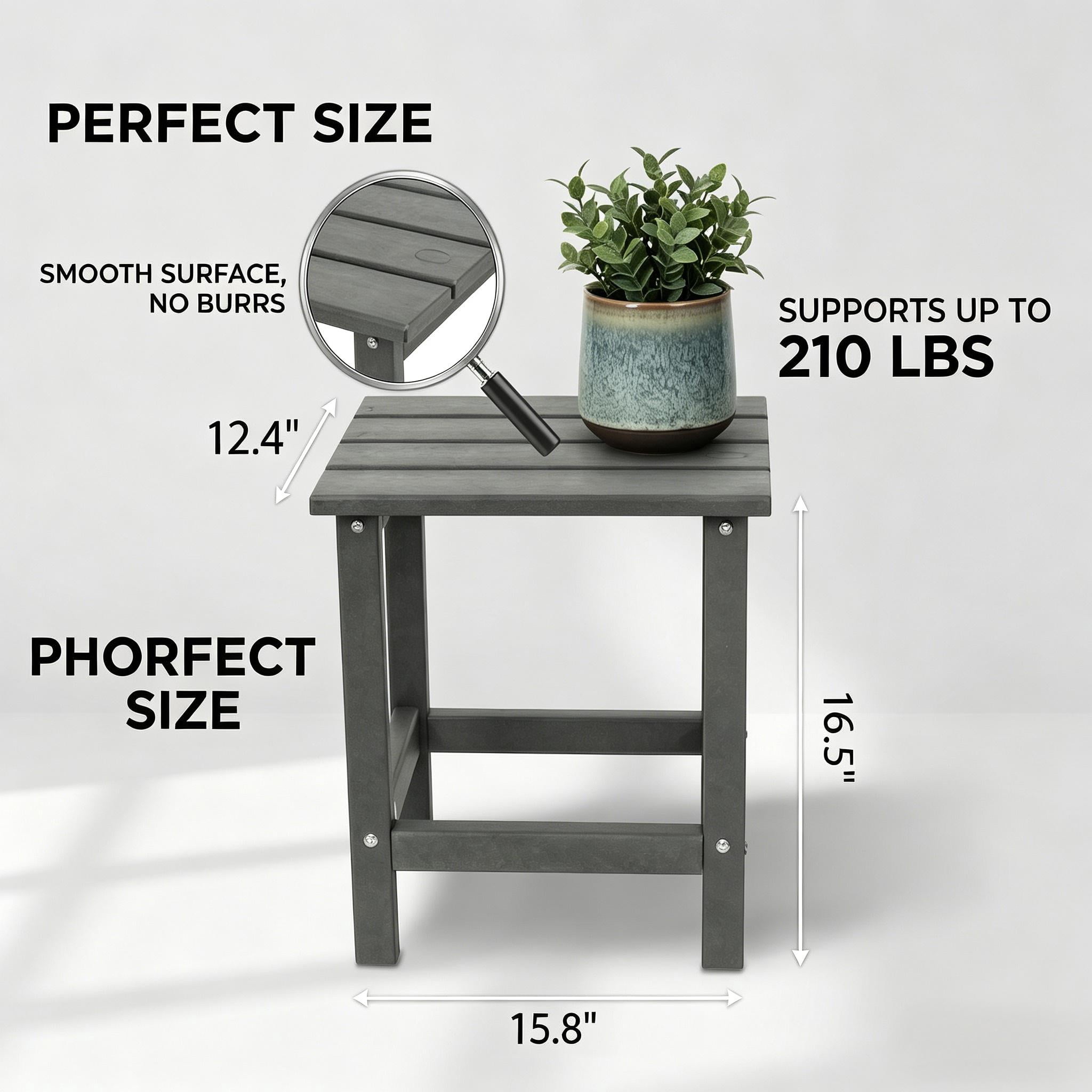 Adirondack Side Table 15x15x18 Inch Recycled HDPE Weather UV Resistant for Patio Garden Poolside