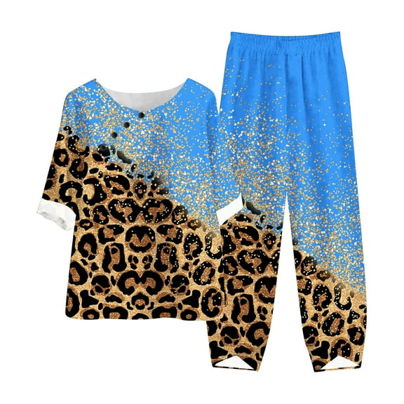 Teissuly Women's Summer Printed Short Sleeve Half Sleeve Round Neck Cropped Top   Casual Pants Suit Set Two Piece Set