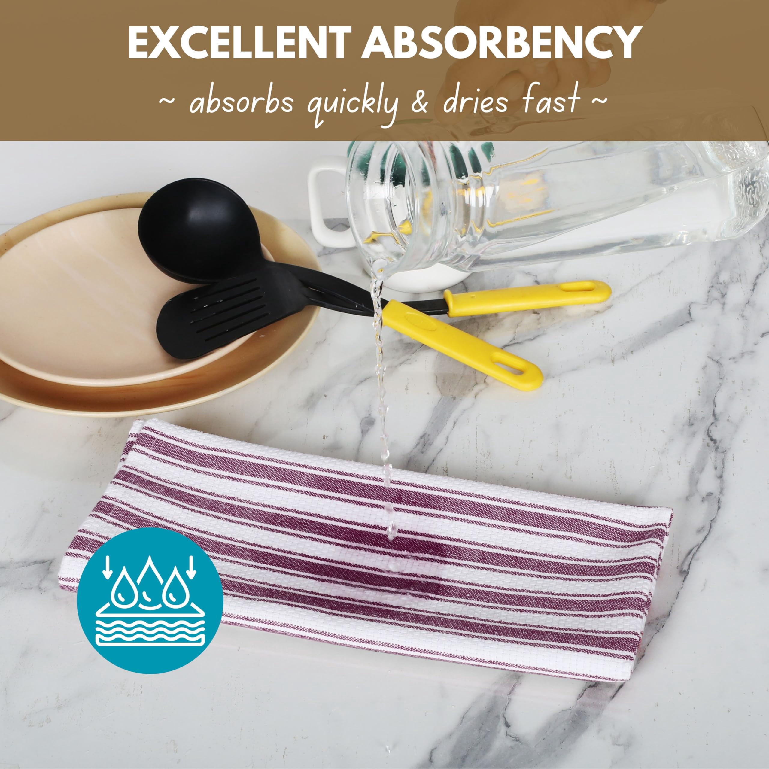 Native Fab Basket Weave Stripe Kitchen Towels, Set of 12, Cotton, 15x25 Burgundy White