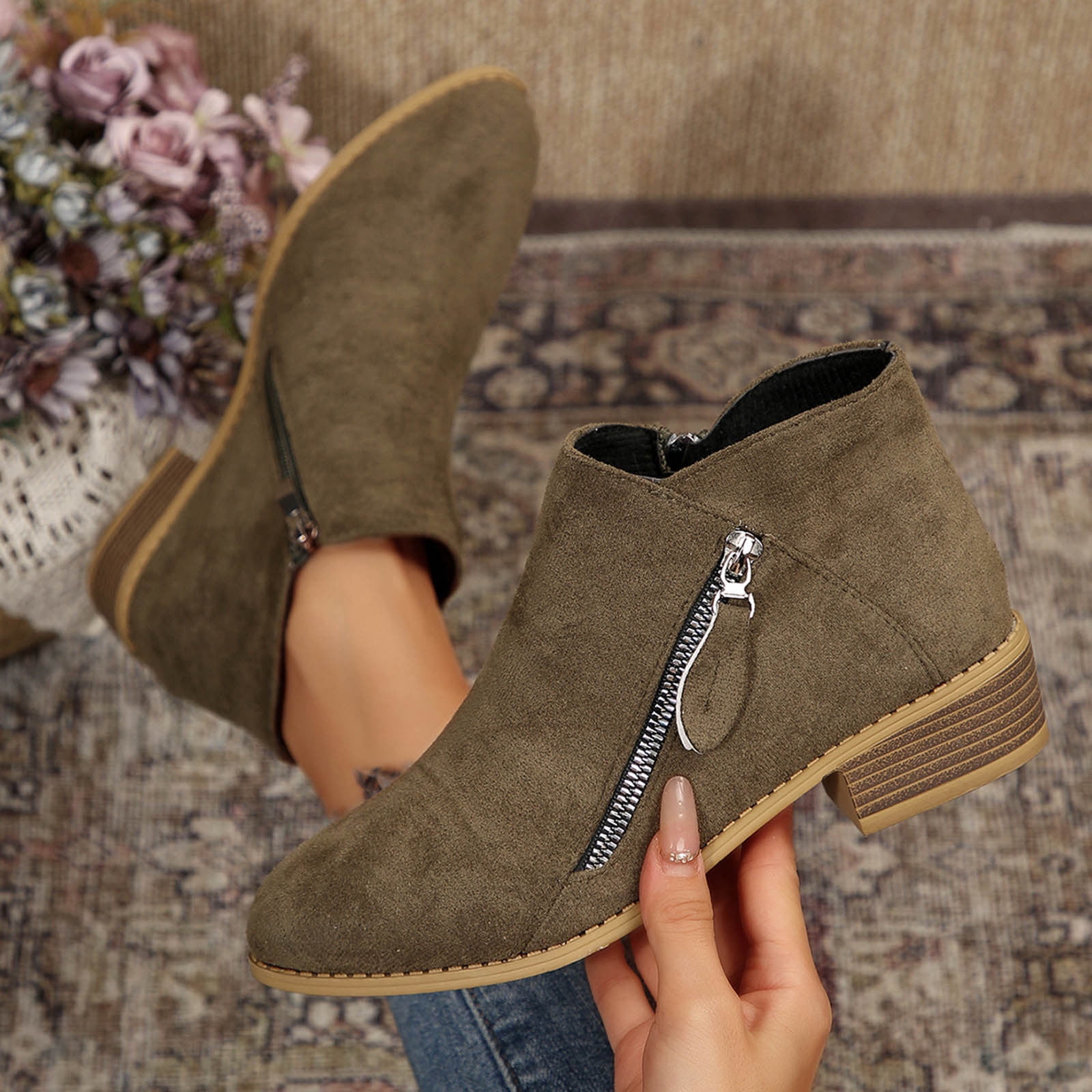Wensltd Ankle Boots for Women Low Heel Round Toe Chunky Short