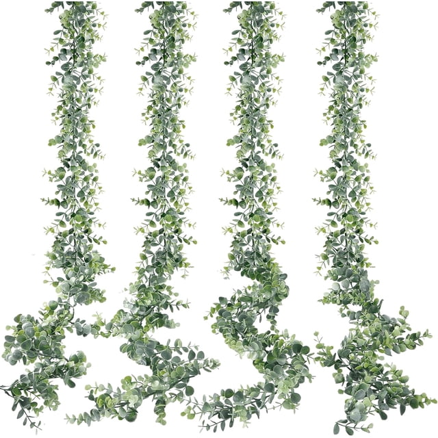 Nvzi Guirnalda de eucalipto artificial, paquete de 4, guirnalda de vegetación de eucalipto falso, plantas colgantes falsas, enredaderas artificiales, 6 pies