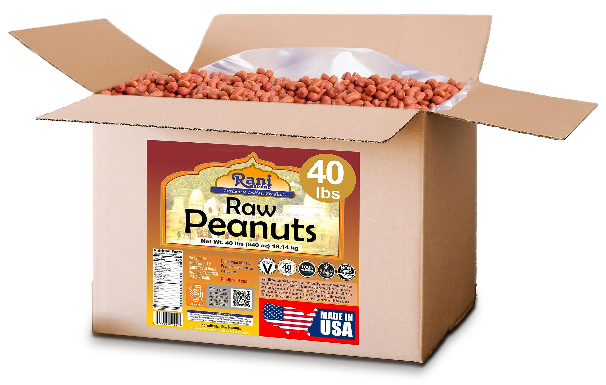 Rani Peanuts, Raw Whole With Skin (uncooked, unsalted) 40lbs (640oz) 18.14kg Bulk Box ~ All Natural | Vegan | Gluten Friendly  ~ Spanish Grade Groundnut/Red-skin