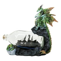 Green And Gold Dragon On Rock Cliff With Pirate Ship in Glass Bottle Figurine