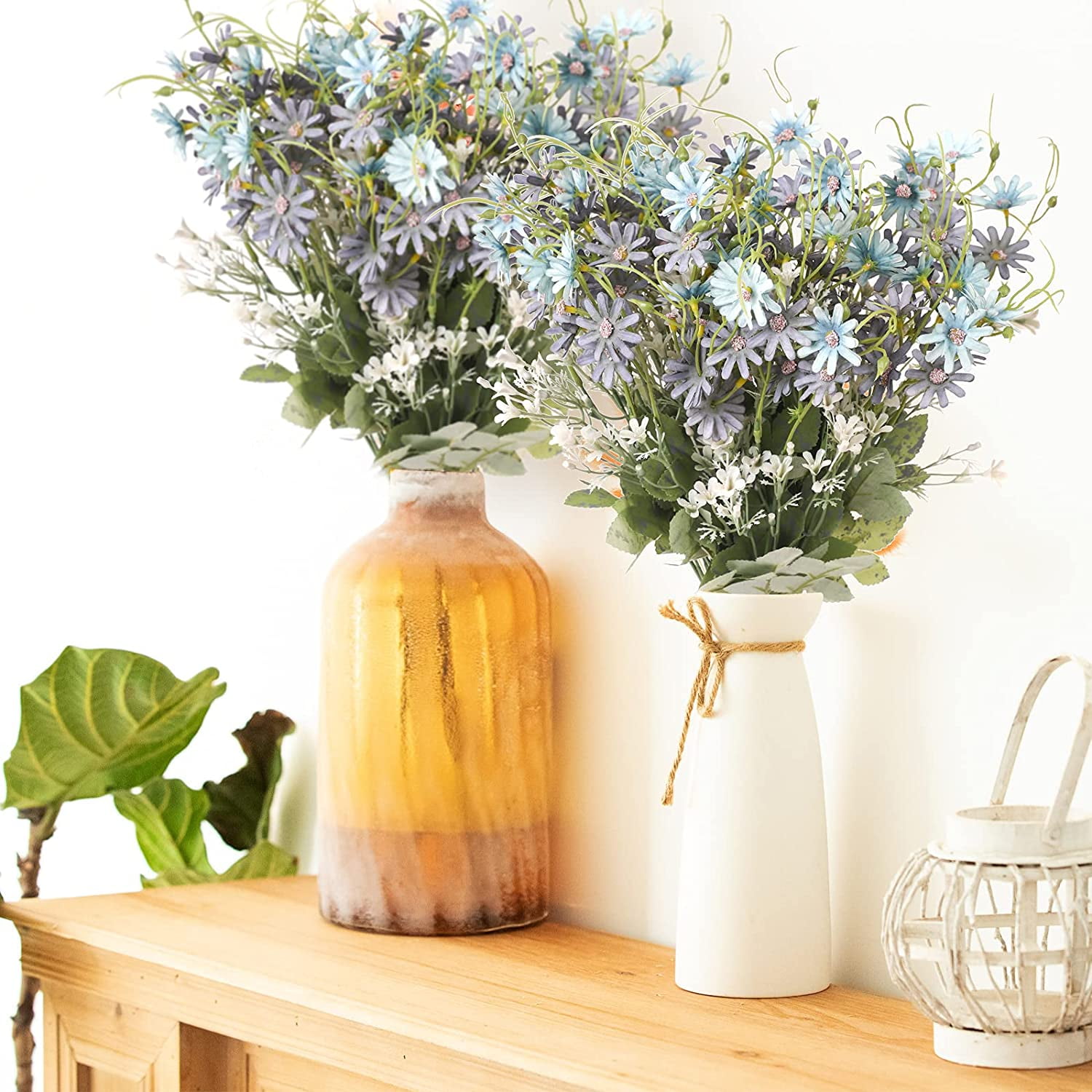 Morttic 12PCS Artificial Wildflowers Daisy Bundles Fake Silk Flowers Greenery Plastic Faux Plants UV Resistant Cemetery Floral for Grave Vase Arrangements Outdoor Decor (Blue)