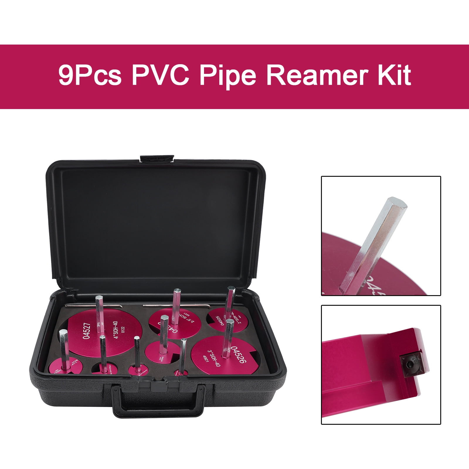 9 Piece Plastic Pipe Fitting Reamer Kit for 1/2" Drill, Includes0.5", 0.75", 1", 1.25", 1.5", 2", 2.5" 3", 4" Reamers, Carbide Cutting Inserts, For PVC, CPVC, ABS Pipe Fittings