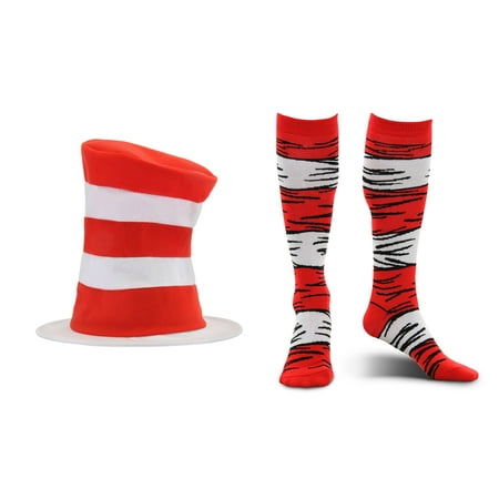 elope Dr. Seuss Cat in the Hat Tricot Plush Hat and Costume Socks Kids Kit Bundle