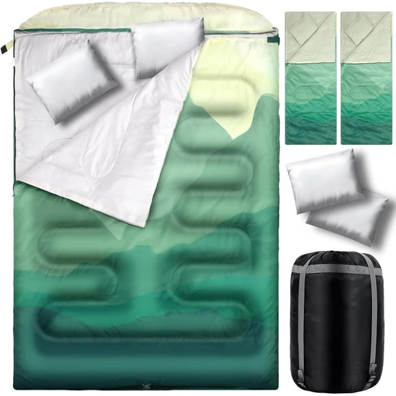 Double Sleeping Bag for Adults with Pillow Queen Size Waterproof Two Person Sleeping Bag for Outdoor Camping Hiking Backpacking All Season Cold Warm Weather