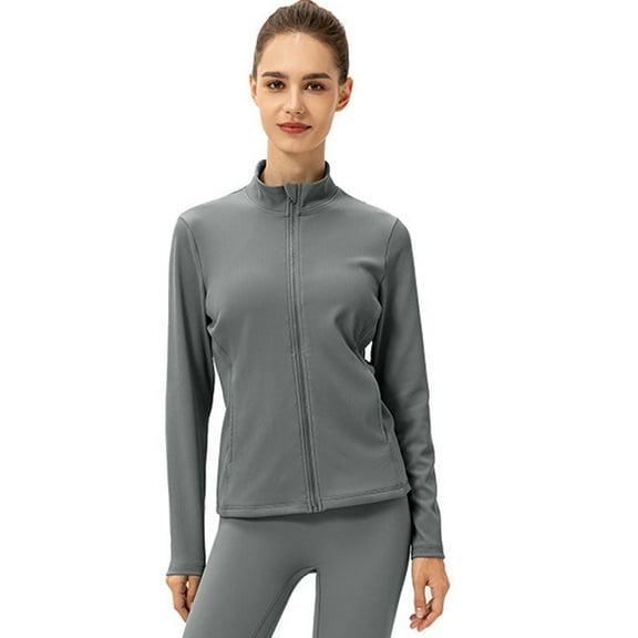 Women's Stretch Full-Zip Jacket Autumn Winter Plush Yoga Jacket Sports Running Fitness Clothes - Grey