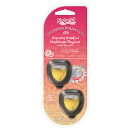 Refresh Your Car Odor Eliminating Mini Diffuser, Essential Oil, Invigorating Grapefruit Scent, 2pk