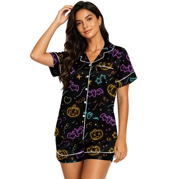 Cute Pajamas Pumpkin‑print Short‑sleeve Top Two‑piece Nightwear Lounge Sets for Women L Black