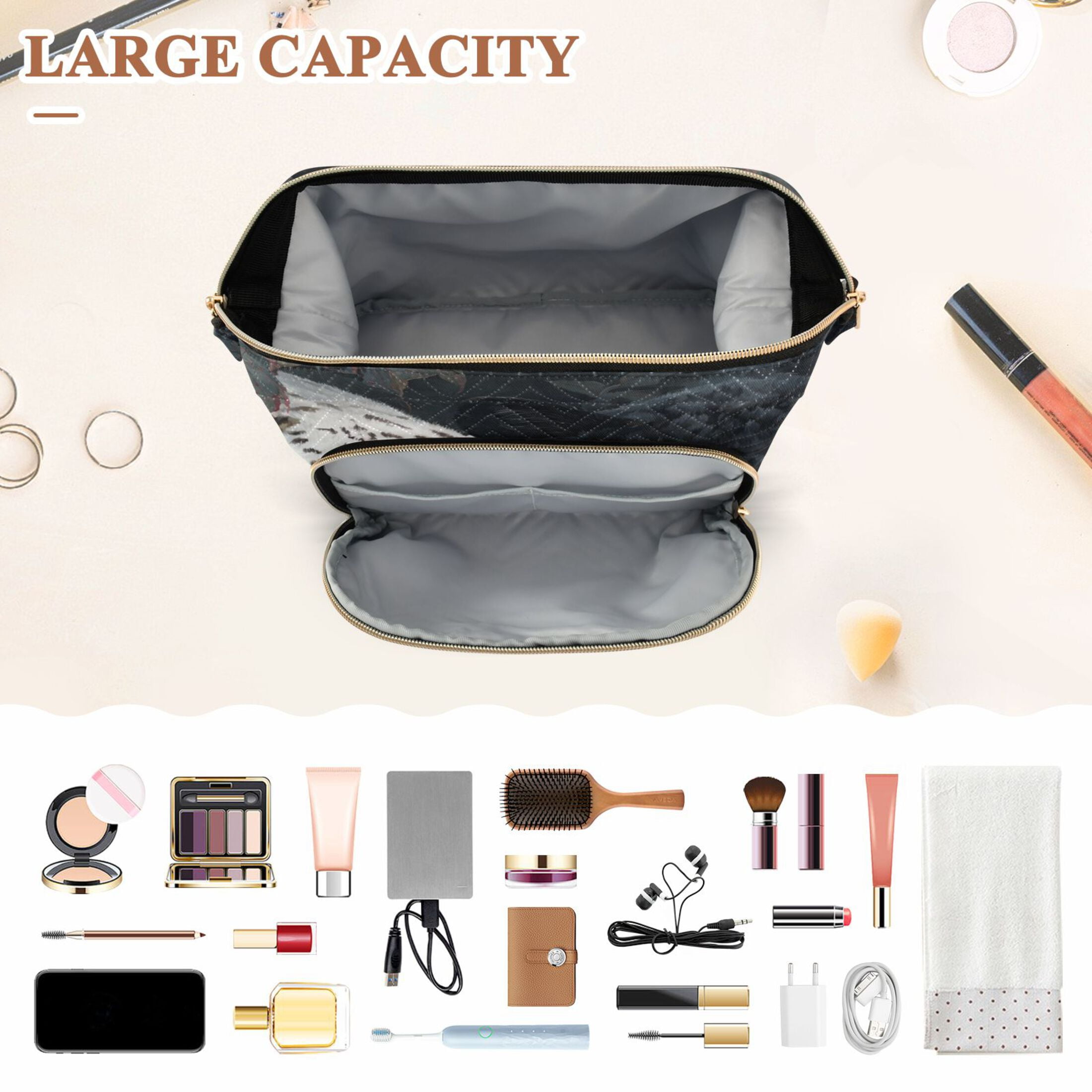 Wavy Quilted Cosmetic Bag Large-Capacity Travel Toiletry Organizer Includes 9-Piece Portable Travel Bottle Set White Leopard Black Panther