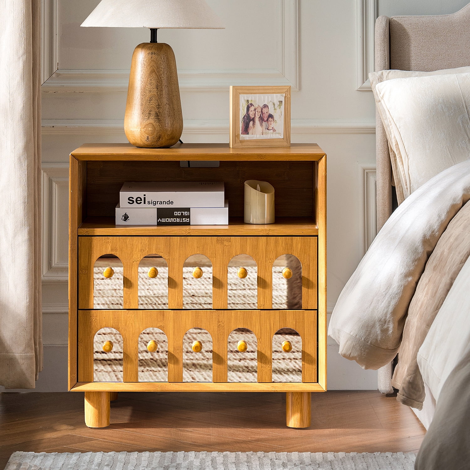Nightstand with Charging Station&nbsp;featuring 2 Drawers with Decorative Mirror Fronts, Built-in 2 USB and 2 AC Outlets for Bedside Convenience, Solid MDF Construction in Natural Finish
