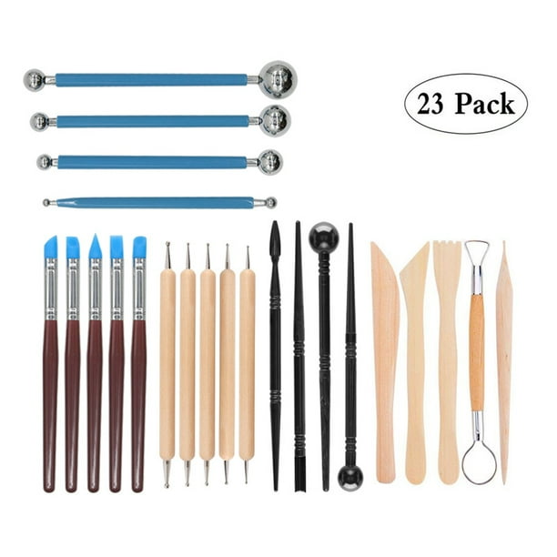 Juego de 23 piezas de herramientas de arcilla, juego combinado de madera, pequeño bolígrafo de acero inoxidable con hendidura, cuchillo de madera de plástico