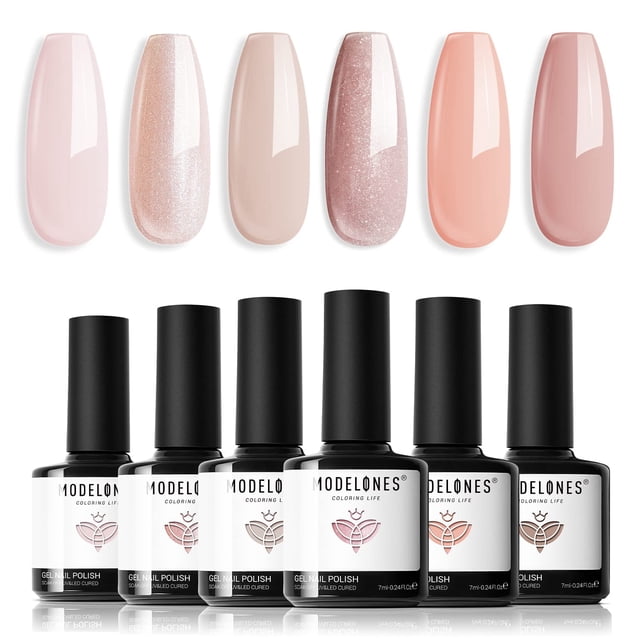 Set de esmaltes de uñas en gel Modelones, 6 colores, purpurina neutra