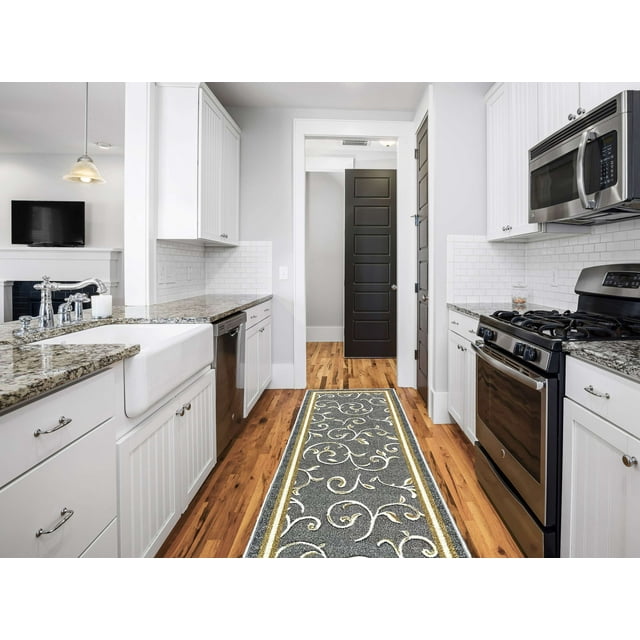 Gloria Non Slip Rubber Back Kitchen Rug Kitchen Runner Kitchen Mat Anti Slip Carpet (Floral-Gray Runner (23"x84"))