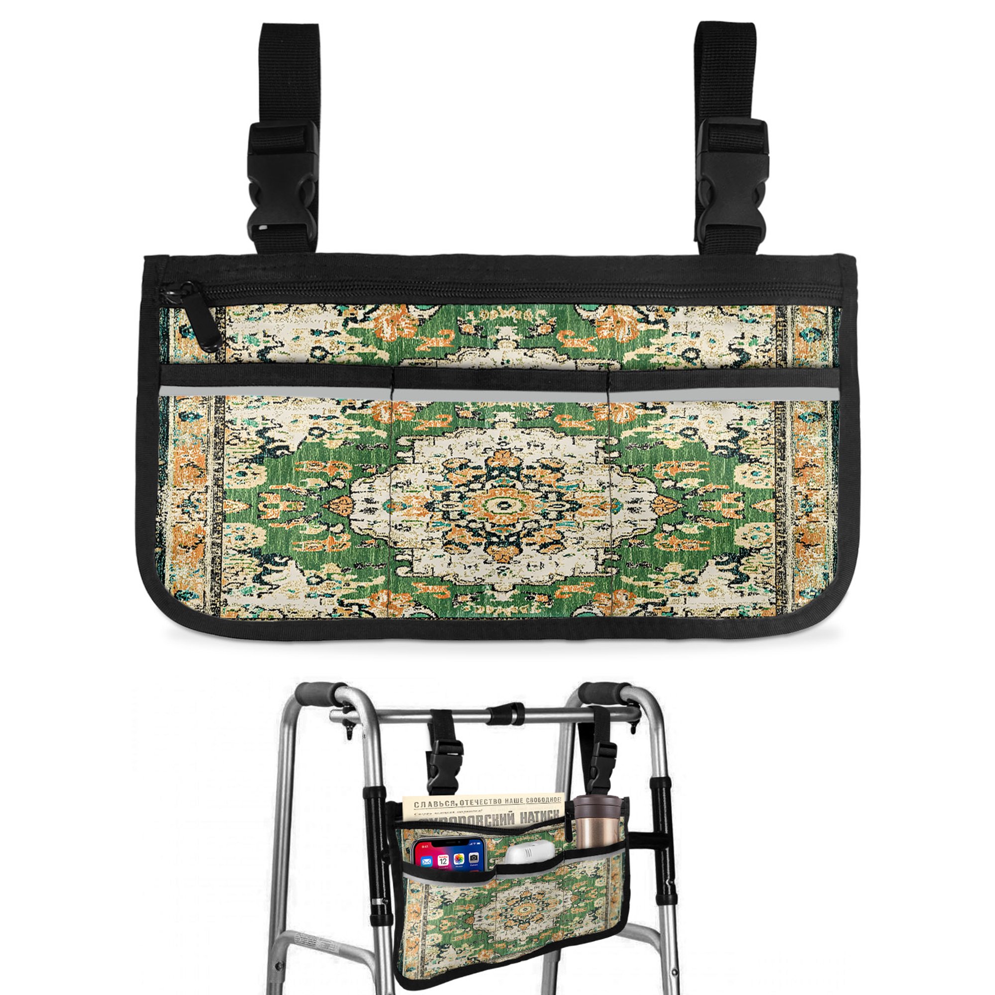 Green Boho Wheelchair Side Bag Walk Bag Basket, Vintage Ethnic Tribe Southwestern Wheelchair Accessories Armrest Pouch, Organizer Storage Bags for Walkers, Rollators, Scooters, 7.3"x13"