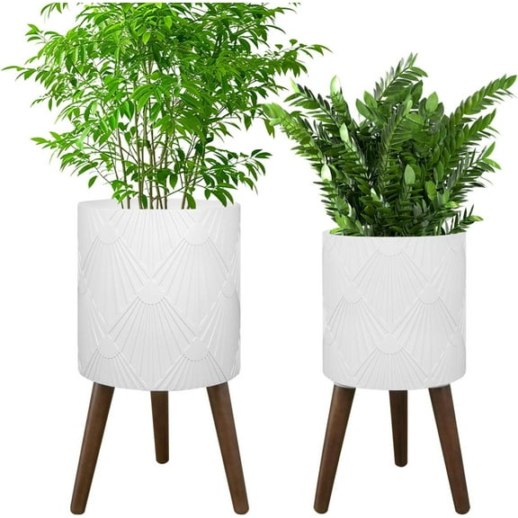 XYJBHB White Plant Pot with Stand, Large Modern Standing Planters Flower Pots for Indoor Outdoor with Drainage Holes and with Legs (Plant Not Included) 2 Pack, 10 & 12 Inches