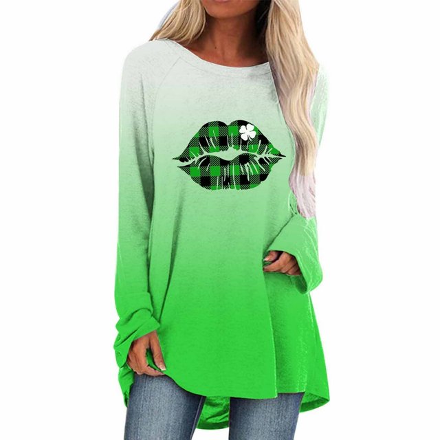 Womens St. Patricks Day Printed Oversize T Shirt Neck Long Sleeve Pullover Summer Gift