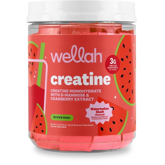 WellahCreatine For Women (Watermelon Slush) 30 Stick Packs - 3g of Creatine Monohydrate with Dandelion, & Cranberry Extract, To-Go Packets