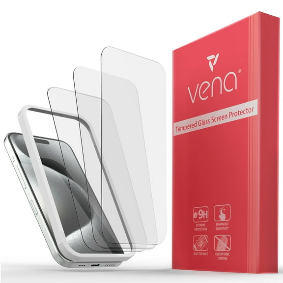 VENA HD Ultra Clear Tempered Glass Screen Protector Compatible With Apple iPhone 15 Pro (6.1"-inch) - 3 Packs, (9H Hardness, Shatterproof Glass) Bubble Free Film with Installation Frame