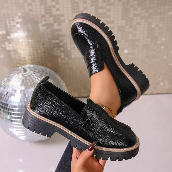 Womens Black Platform Loafers - Vintage-Inspired Chunky Sole Slip-On Shoes, Comfortable Textured PU Material with Treaded Sole for Daily Casual Office Campus,Size 39