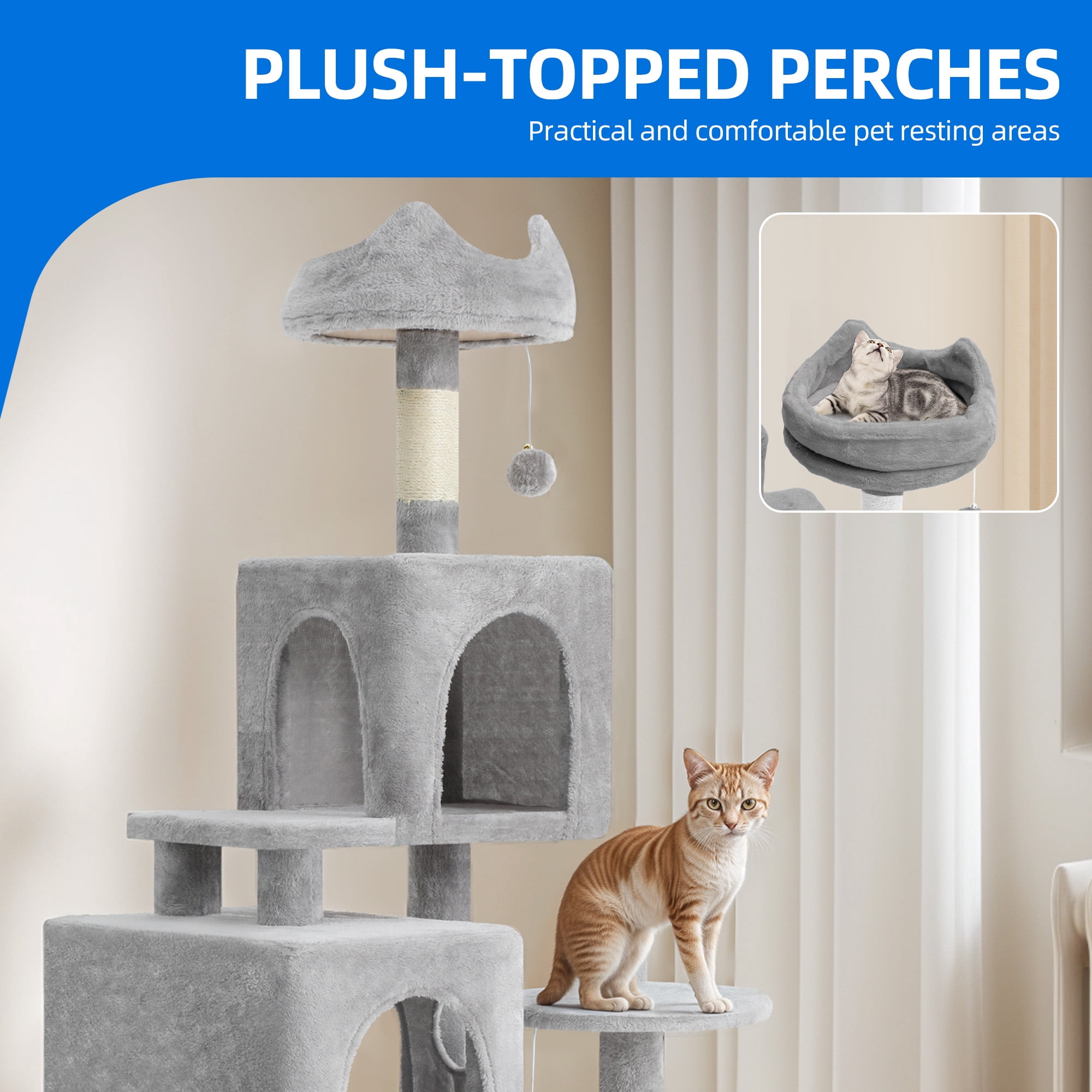 Dextrus 54" Multi-Level Cat Tree Tower with Cat Condos, Plush Top Perches, Hammocks, Sisal Scratching Post Board, Indoor Cat Activity Center,Light Gray