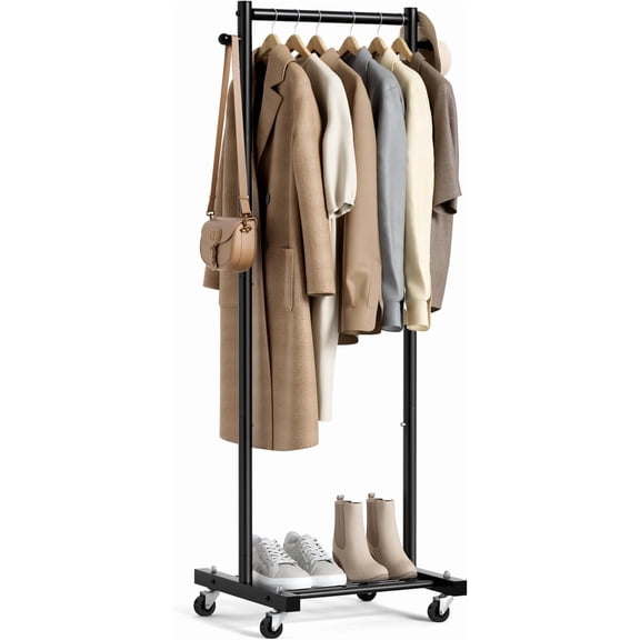 MISSLO Small Clothes Racks for Hanging Clothes Clothing Rack with Wheels 60" Metal Garment Rack with Shelves Portable Rolling Wardrobe Rack for Small Space, Black