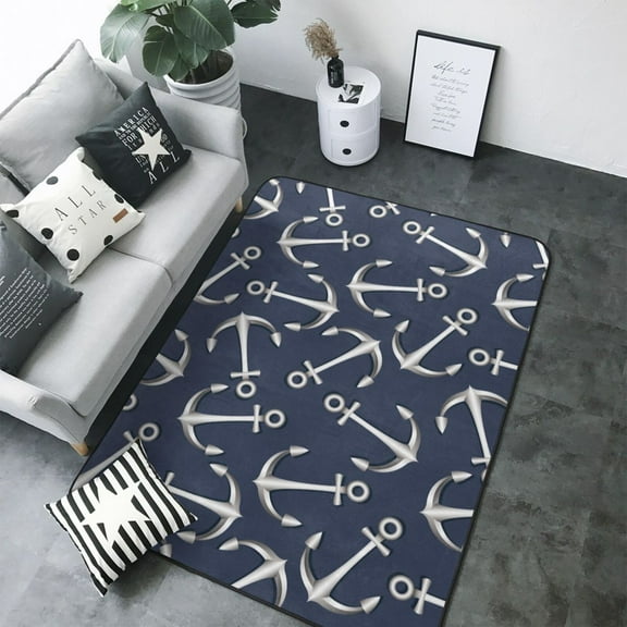 Area Rugs For Living Room Decor - silver anchor navyblue Soft Anti Slip Throw Washable Rugs 5x7 For Bedroom, Indoor Carpet For Bedroom Living Room 80x58In