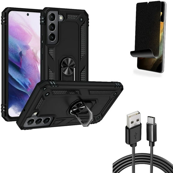 Hybrid Case Cover & Privacy Screen Protector & 6ft USB Cable for Samsung Galaxy S22 Plus (S22 ) - Combo Metal Ring Kickstand Shockproof & TPU Film (Fingerprint) Anti-Peep & Type-C Charger Cord Power