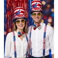 thumbnail image 3 of PMU 4 Pcs Patriotic Accessories Set, 4th of July Outfit Costume for Adult– Patriotic Stars & Stripes Top Hat, Glasses, Jumbo Sequin Bow Tie, Suspender – Red White Blue Outfit Memorial Day, 3 of 5