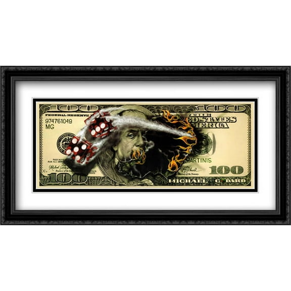 $100 Bill with Dice 2x Matted 40x20 Large Black Ornate Framed Art Print by Michael Godard