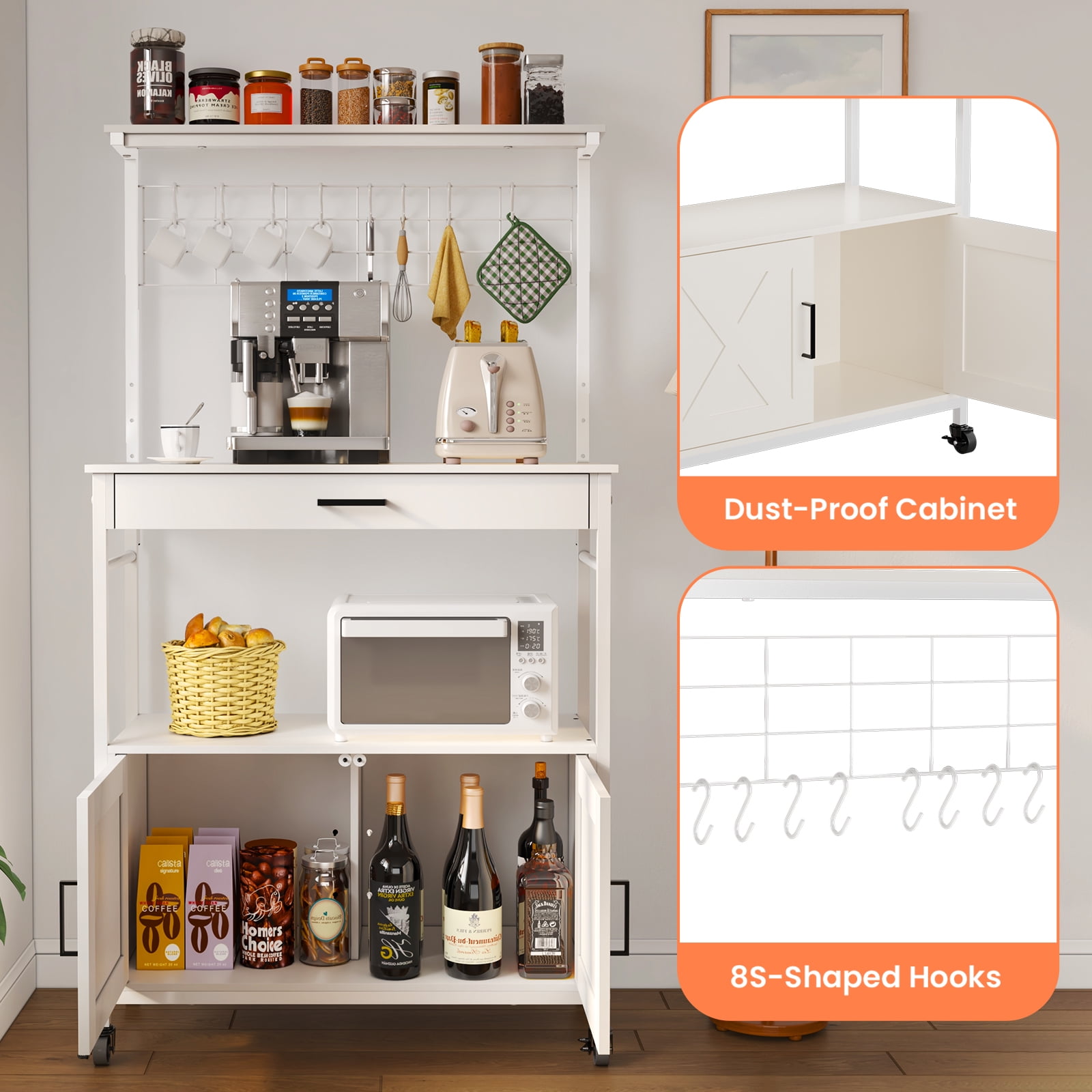 Behost Baker's Racks with Cabinet, Kitchen Adjustable Storage Shelves for Microwave Cart Oven Stand Coffee Bar, White