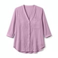 thumbnail image 4 of Women Solid Textured V Neck Button Up Shirt, Three-Quarter Rolled Sleeve Casual Blouse Top With Chest Pocket, Lightweight Breathable Summer Daily Wear Shirts, 4 of 9