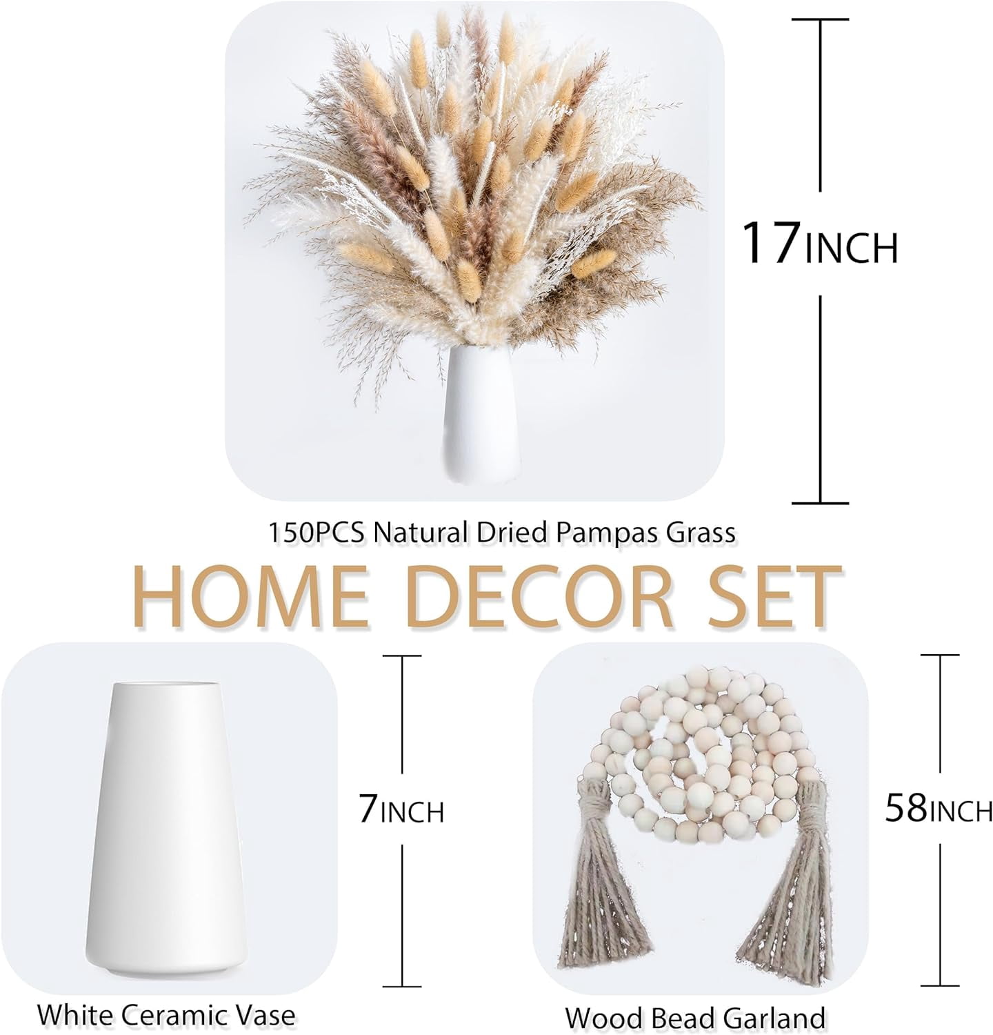 150PCS Natural Dried Pampas Grass Bouquet, Phragmites Dried Flowers Boho Home Decor for Wedding Floral Arrangements & Living Room Decorations