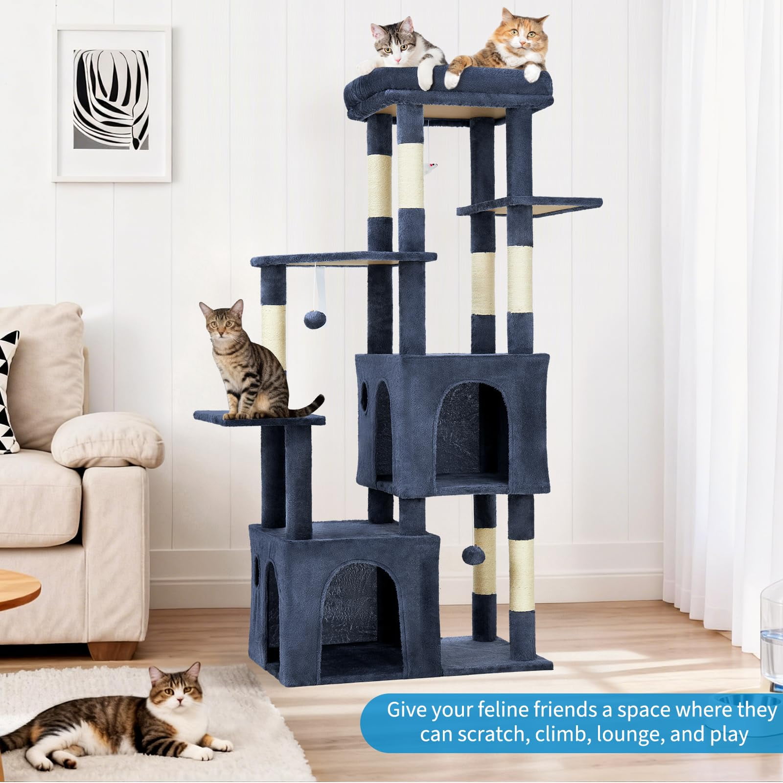 61" Heavy-Duty Cat Tree for Large Indoor Cats & Maine Coons – Multi-Level with Extra-Large Perch, 2 Spacious Condos, Sisal Scratching Posts & Interactive Toys – Stable Base