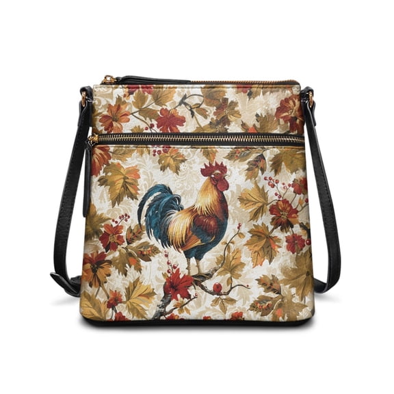 LedBack Rooster Printed Crossbody Purse with Maple Leaves Print Womens Crossbody Purses Handbags Shoulder Bags with Adjustable Strap and Zipper Pocket Halloween Satchel Purse, Brown