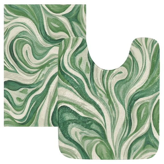 2 Piece Soft Bathroom Rug Set Green and White Swirling Lines Bath Mat and U-Shaped Toilet Contour Rug (16"x24" 20"x24")