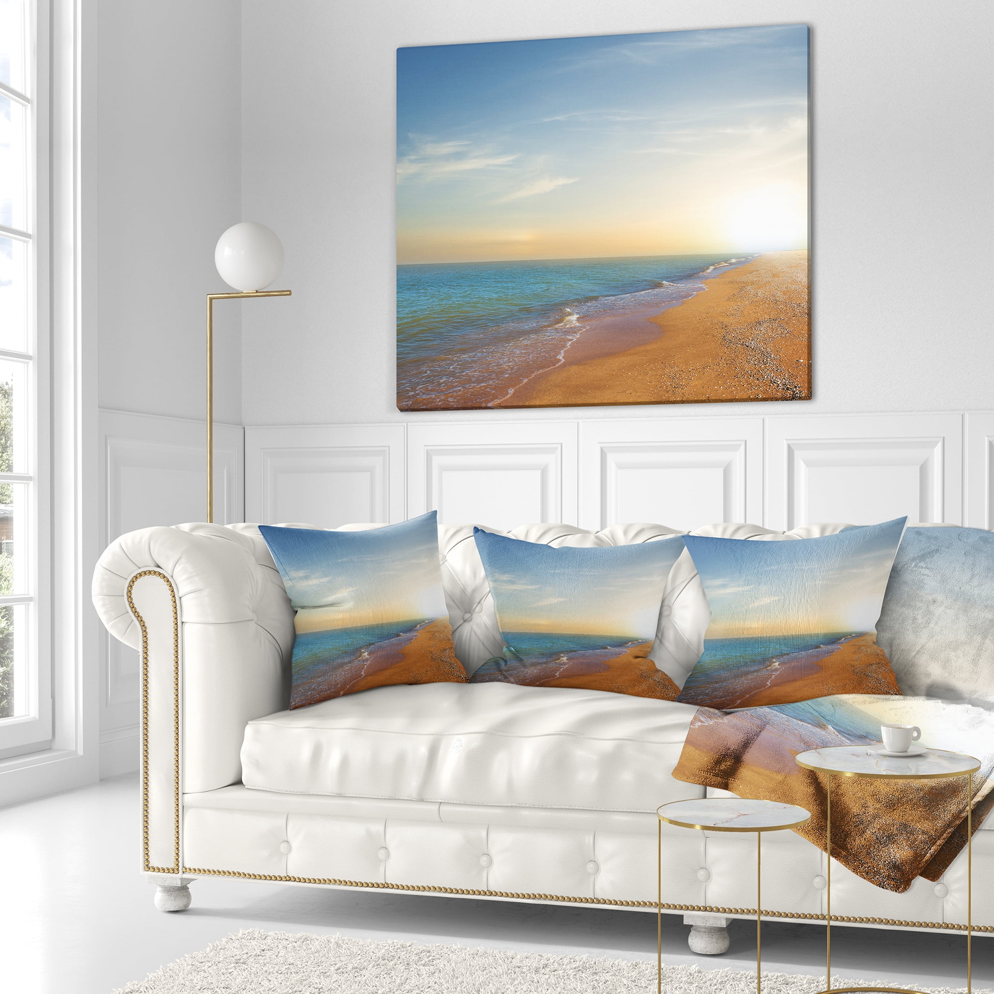 Designart Quiet Evening Blue Beach - Seashore Throw Pillow - 16x16