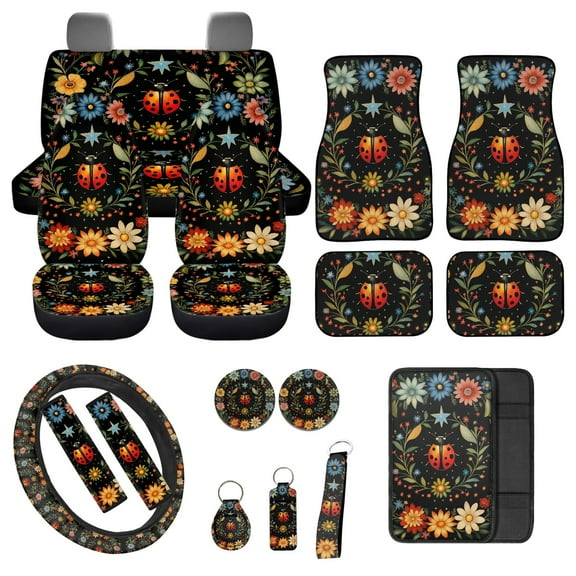 Jeiento Ladybug Automotive Seat Covers & Accessories Full Set of 17 Includes Front & Back Seat Cover Flower Car Floor Mat Seat Belt Cover Pads Steering Wheel Cover Universal Fit