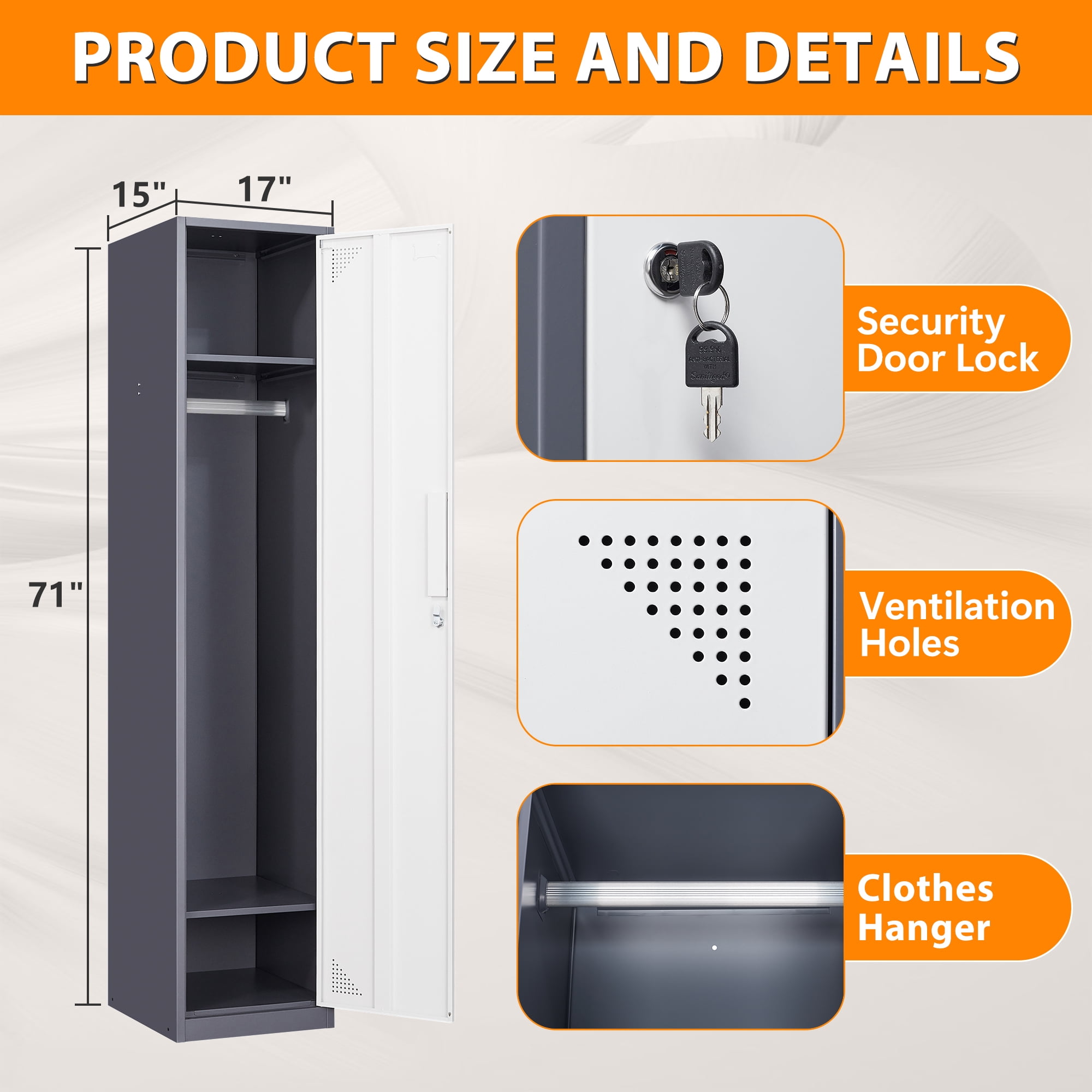 Fesbos Metal Locker 1 Lockable Door,71" Tall Steel Storage Cabinet for School Office Gym Home Employees Staff Sundries Room